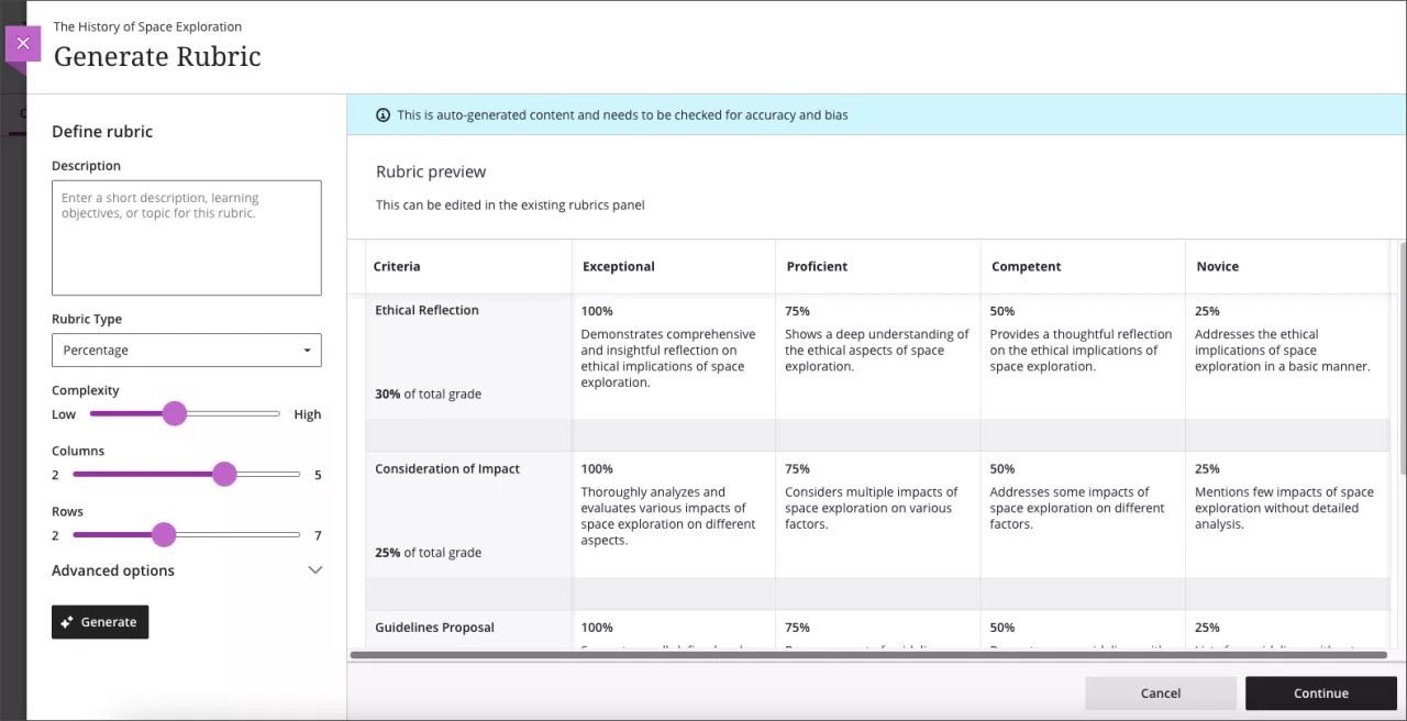 Rubric generated by the AI Design Assistant in 3900.104. The first rubric category is Ethical Reflection. The description is "Demonstrates comprehensive and insightful reflection on ethical implications of space exploration."