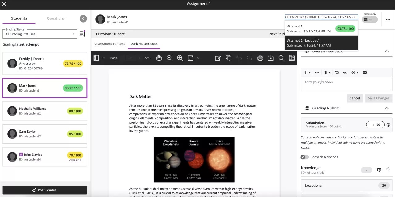 Instructor view of the Exclude label above the grade and in the attempt selector