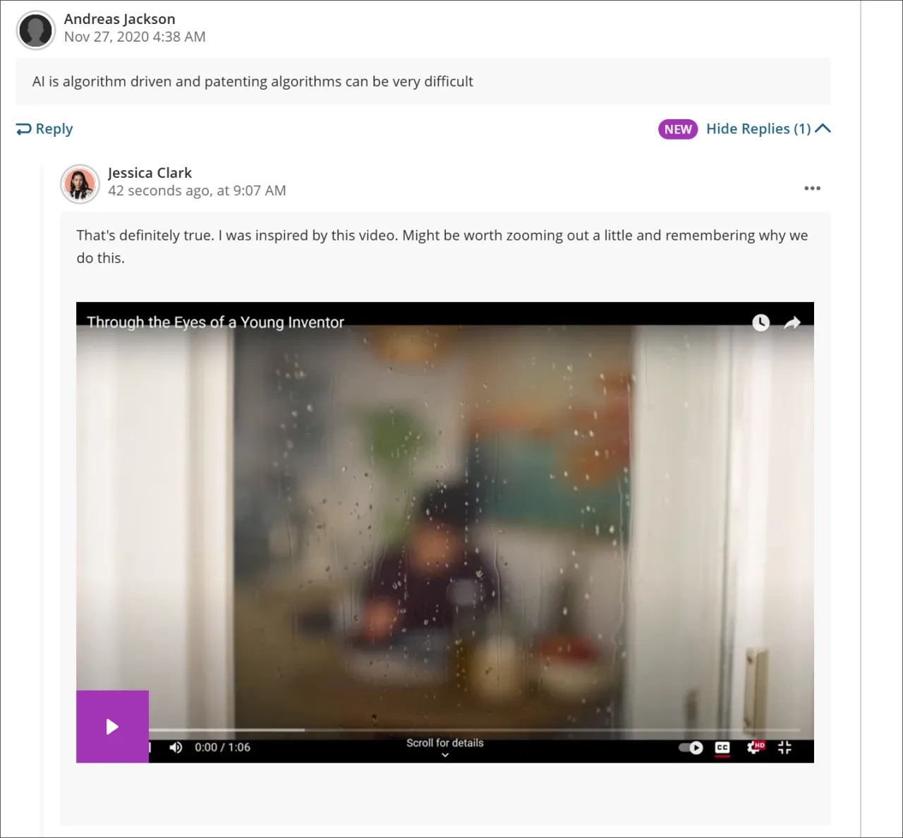 A student has embedded a Video Studio video recording in a posted reply to another student.