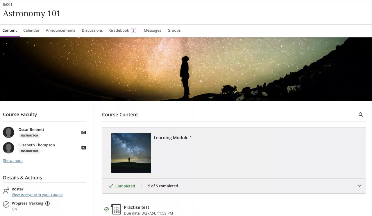 Student view of an Ultra course with the new grade indicator on the Gradebook tab