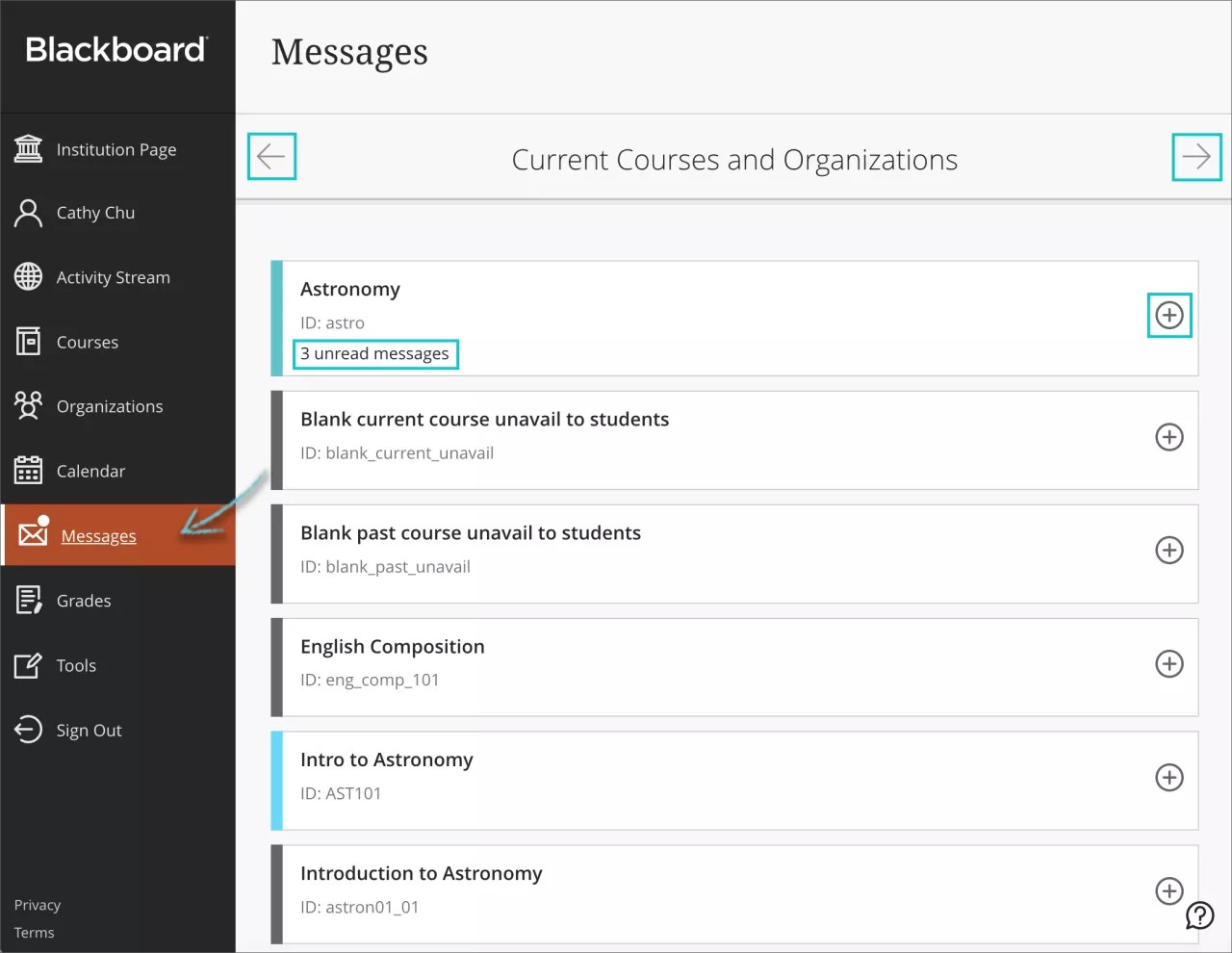 Messages item is in the right menu within a course for the user to choose and review or send their messages
