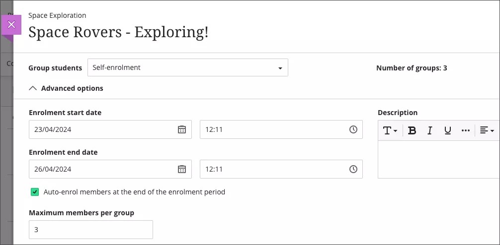Groups page showing Self-Enrollment checkbox