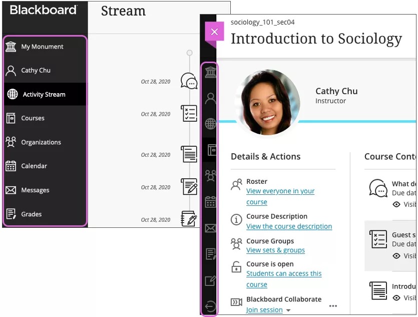 Base Navigation menu with all the options in the menu highlighted in pink. An overlaying screenshot shows an Ultra Course View course, and the Base Navigation menu is collapsed. When Base Navigation is collapsed, that panel shows the options as icon buttons instead of text labels.