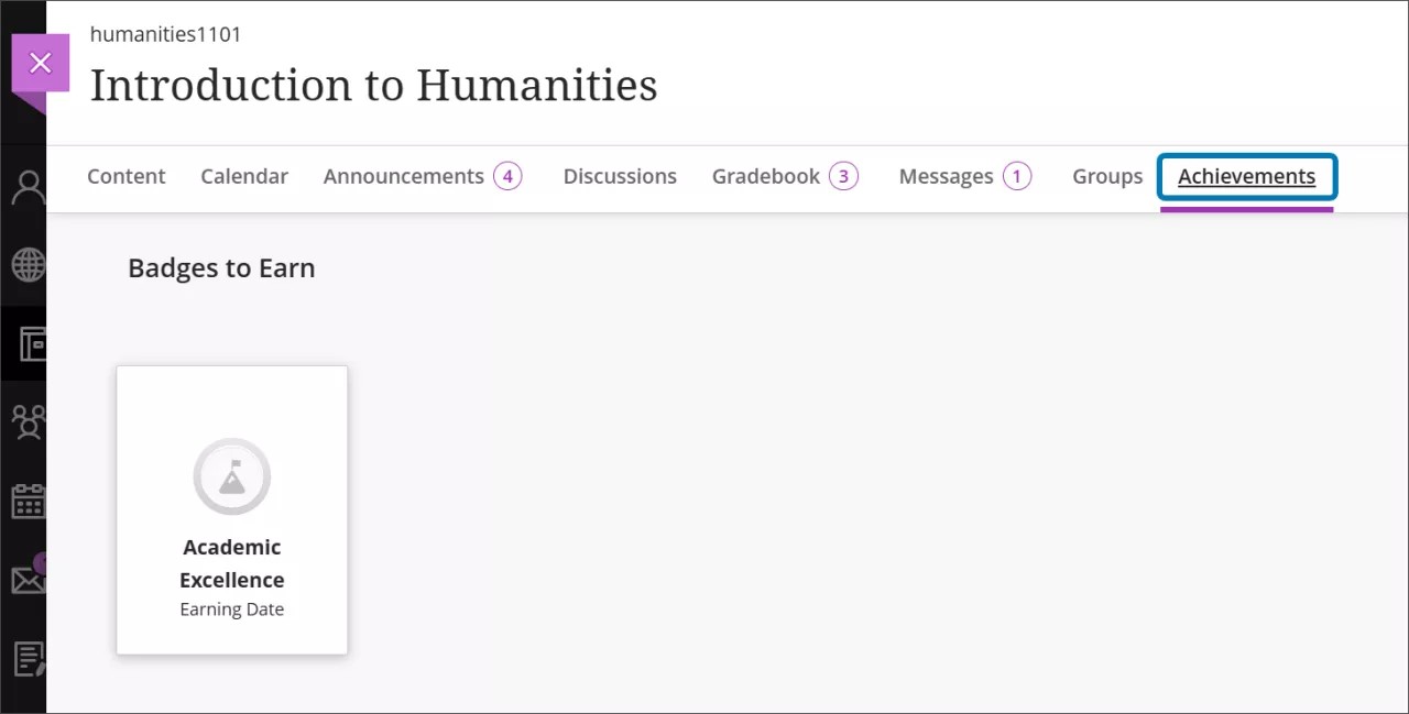 A student's Achievements page, showing a badge that can be earned for Academic Excellence