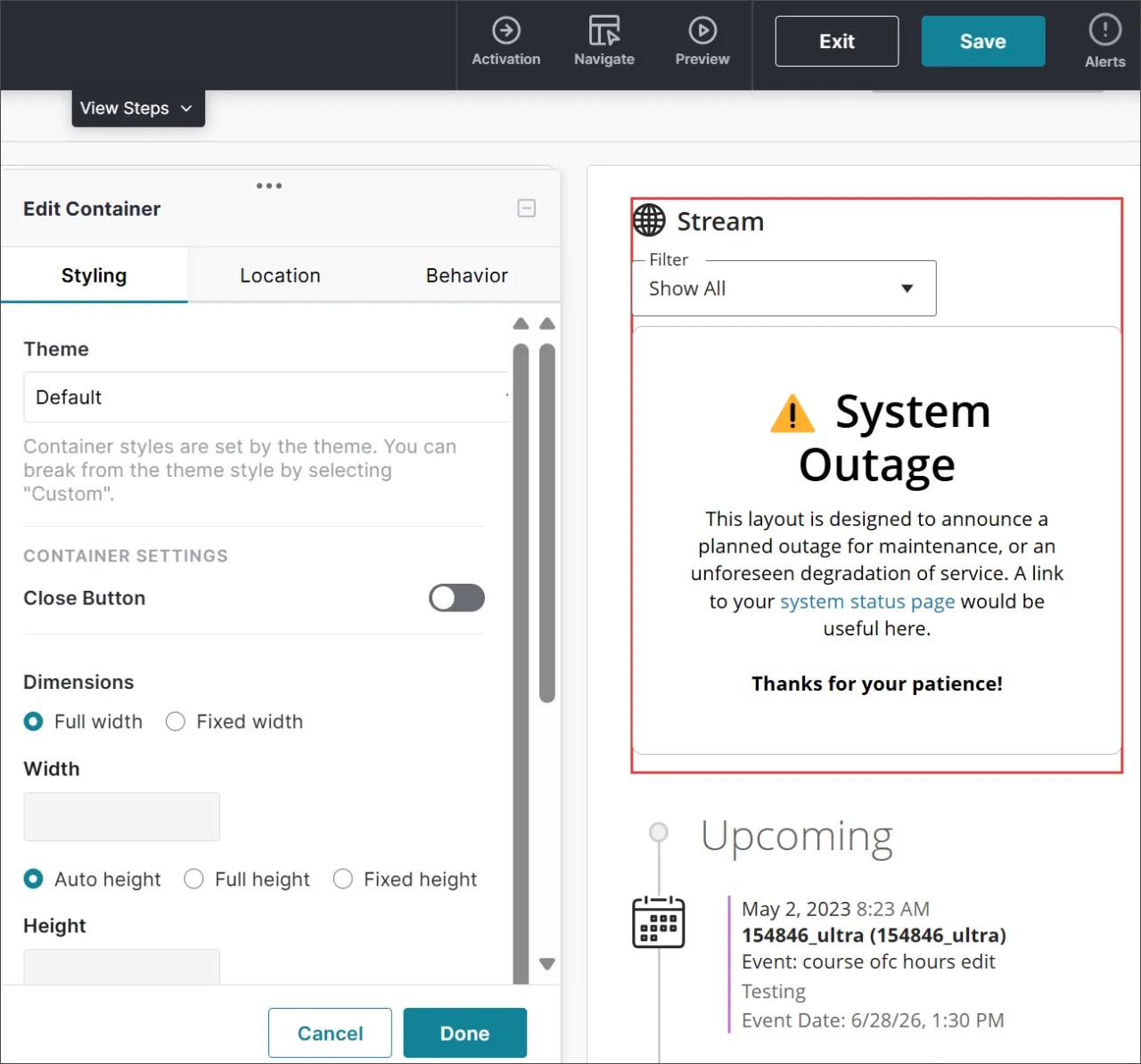 Anthology Adopt Visual Design Studio showing an embedded guide on the right side and the Edit Container panel on the left side.