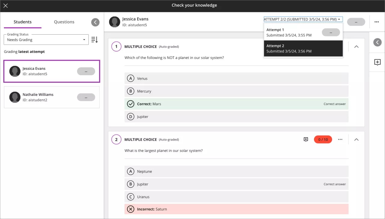 Students tab with Needs Grading filter applied; two students display on the tab