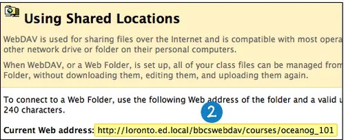 The Using Shared Locations page, with the Current Web address that must be copied highlighted and labeled with the number 2.alt