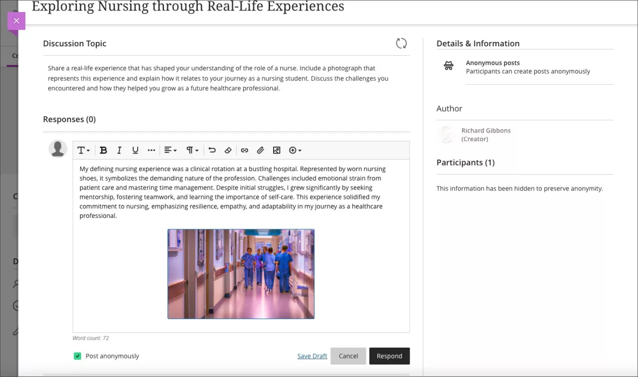 Editor showing a student's response with an Anonymous icon beside the editor