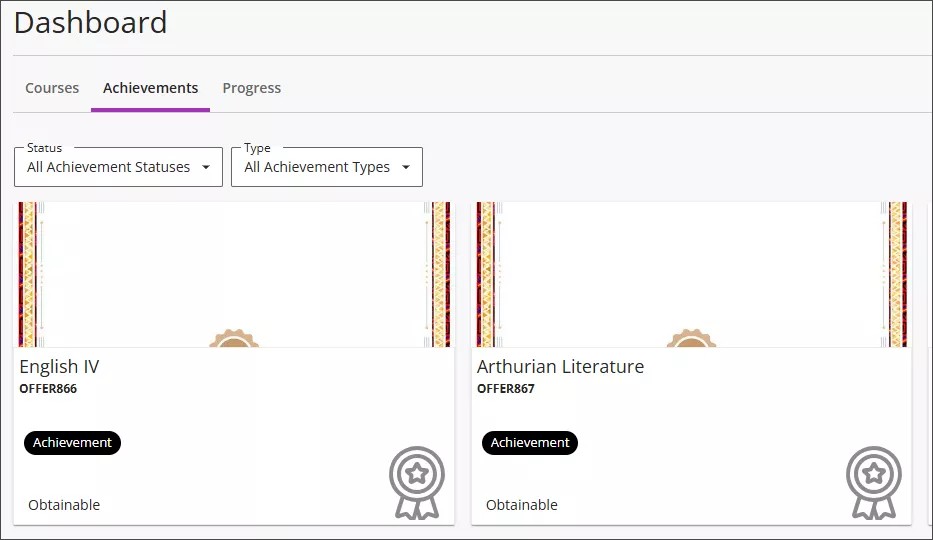 The Achievements tab of the student dashboard with status and type filter