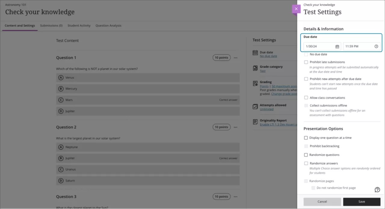 Test Settings panel displaying the new default due date and time