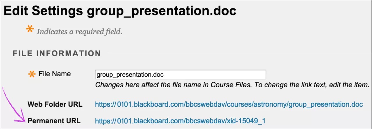 The Edit Settings group_presentation.doc screen, with an arrow pointing to the Permanent URL at the bottom of the window.