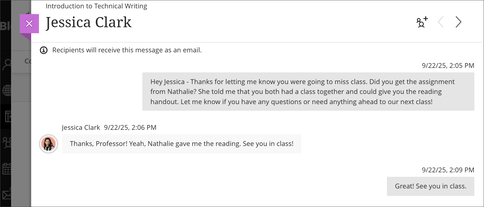 Course Messages page with a student's reply answered by an instructor.