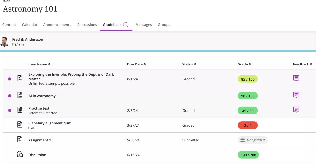 Student view of the gradebook displaying the grade indicator on the Gradebook tab and corresponding purple indicators for the 3 relevant items; the new “(Late)” label is also visible