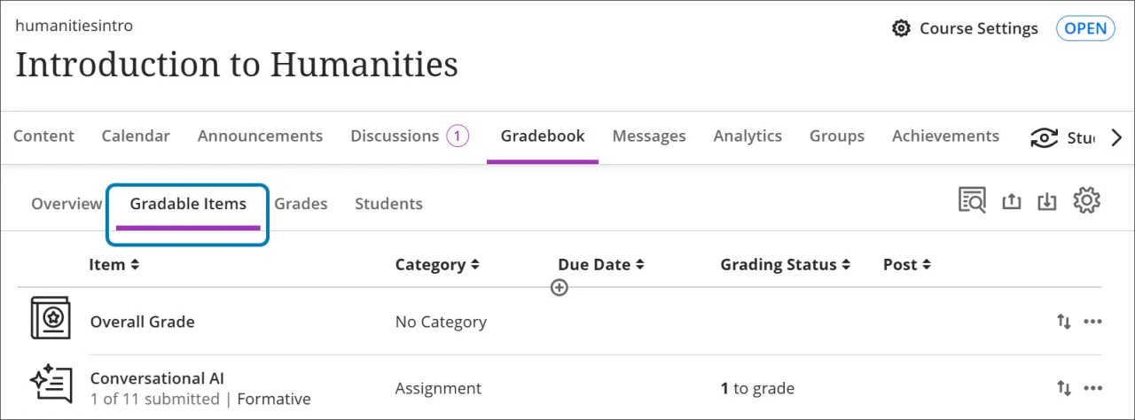 The Gradable Items tab is beneath the link to the Gradebook page, highlighted with a blue rectangle.