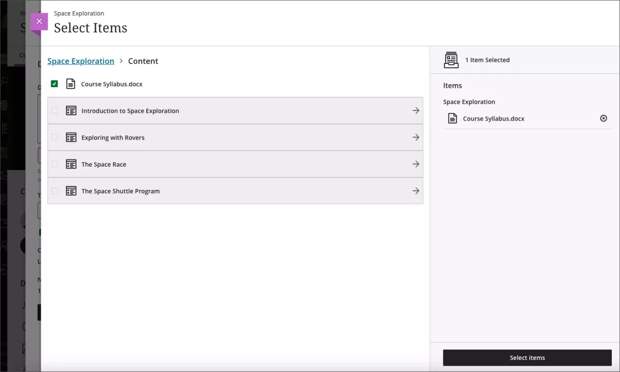 Select Items panel, showing a selected folder with all dependent items highlighted, with the Select Items button at the bottom right