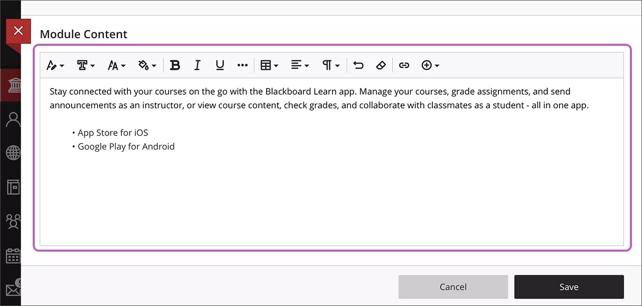 The "Module Content" editor is displayed with a text on it.