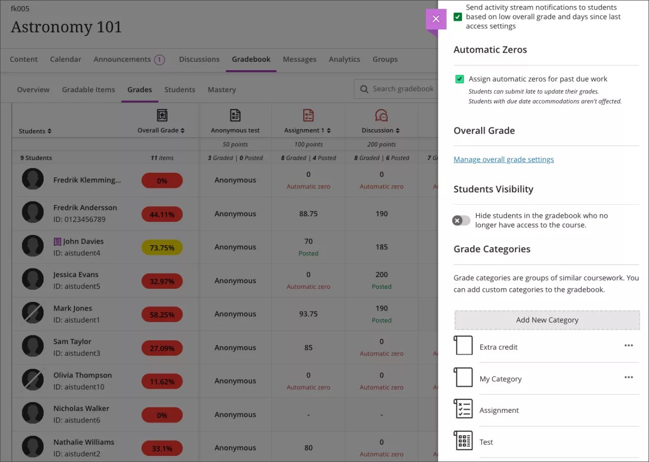 Gradebook settings panel, with the Students Visibility toggle in the center