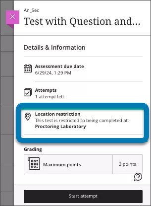 Panel de examen que indica al estudiante que el examen tiene una ubicación restringida