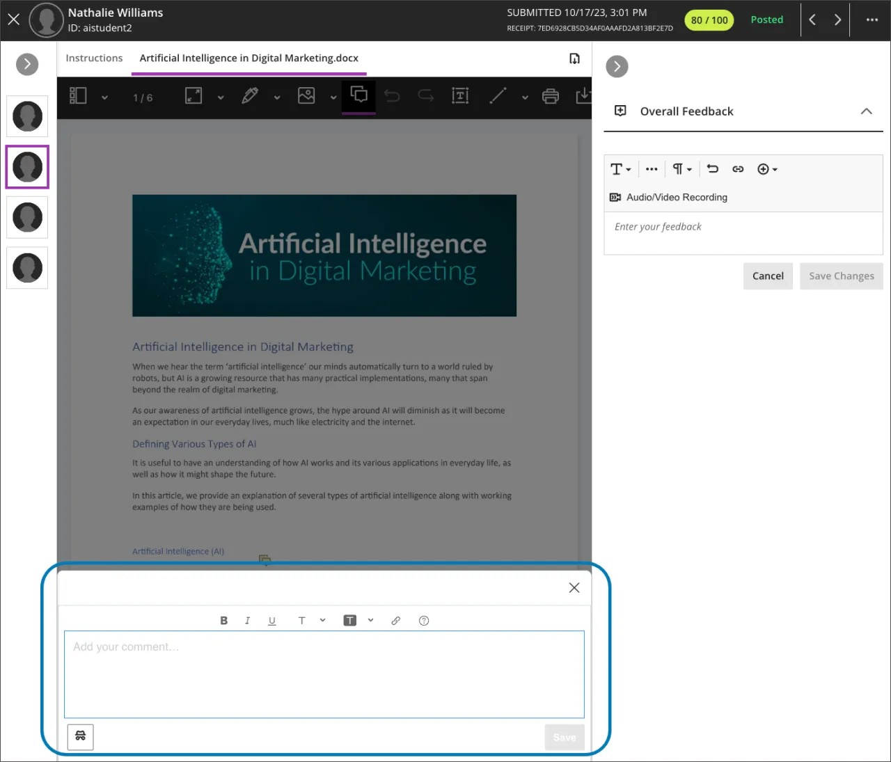 En la parte inferior de un documento que se muestra en Bb Annotate, aparece un cuadro de comentarios