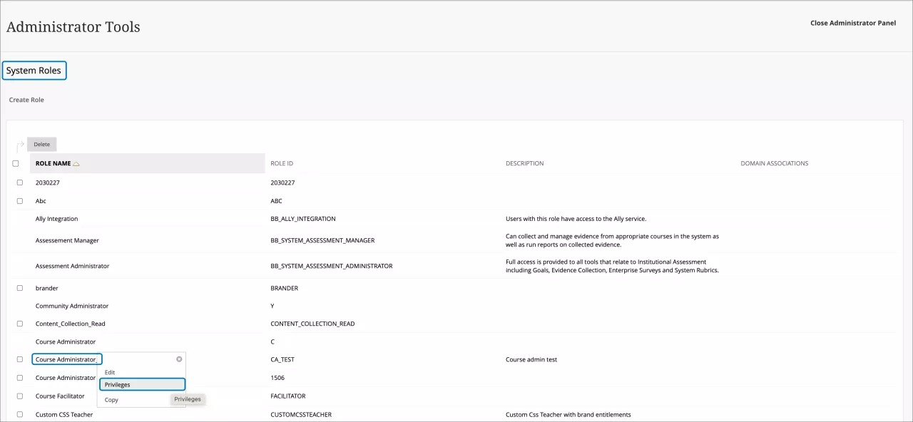 Acceda a los roles > privilegios del sistema. Busque el rol que desee y muestre el menú correspondiente para el rol.