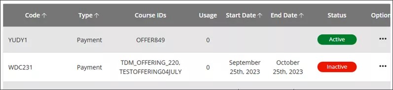 Una lista de códigos de pago con una columna de ID de curso