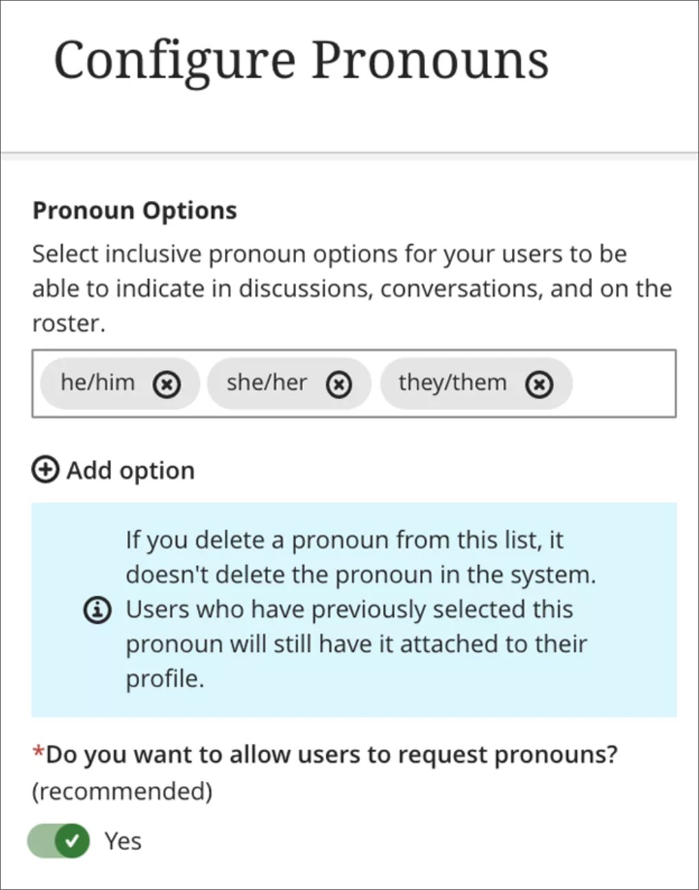 Opciones del panel de administración para configurar pronombres