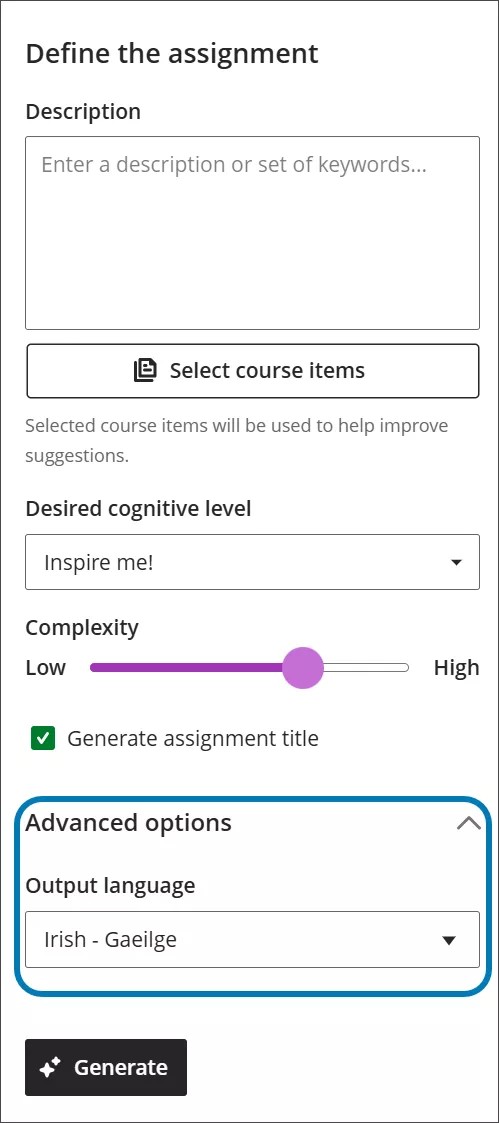 Las opciones para la generación automática de contenido, con las opciones avanzadas resaltadas y abiertas para seleccionar el idioma de salida