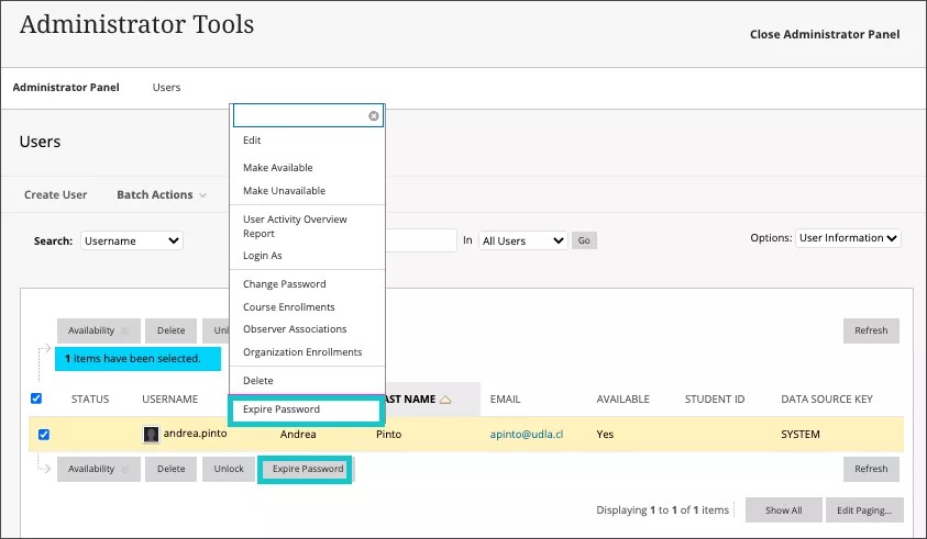 Un administrador caduca las contraseñas de los usuarios