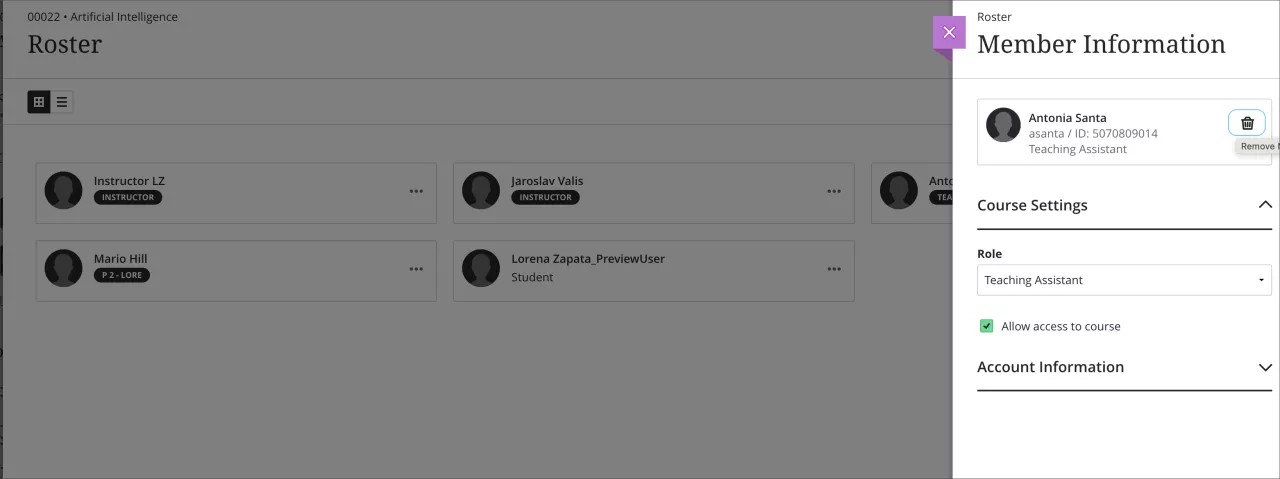 Página de lista que muestra un panel con límites en los roles que se pueden agregar a la inscripción