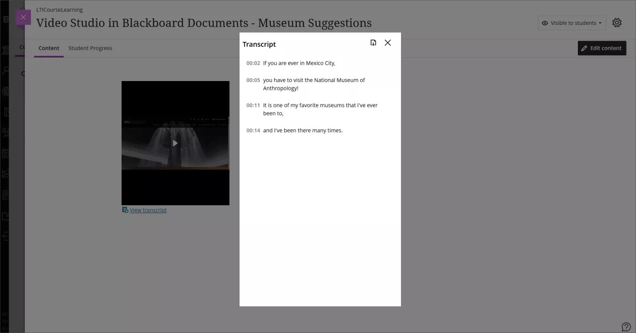 La grabación de Video Studio se muestra en un cuarto de tamaño. Se ha seleccionado el botón Ver transcripción, por lo que una ventana modal se superpone a la página principal que contiene la transcripción de la grabación.