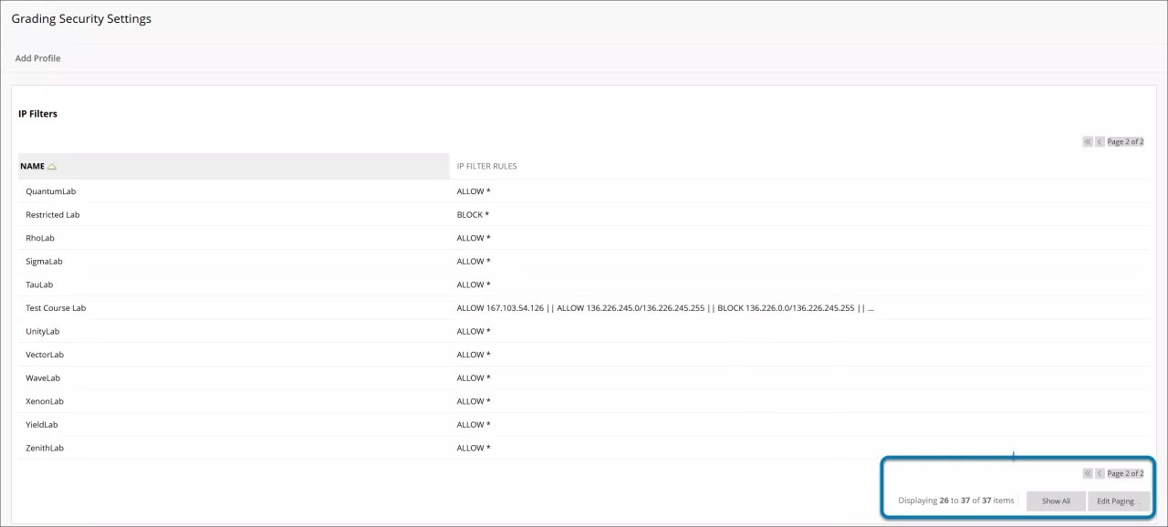 Página Configuración de seguridad de calificación en el Panel del administrador con la paginación en la parte inferior resaltada en azul.