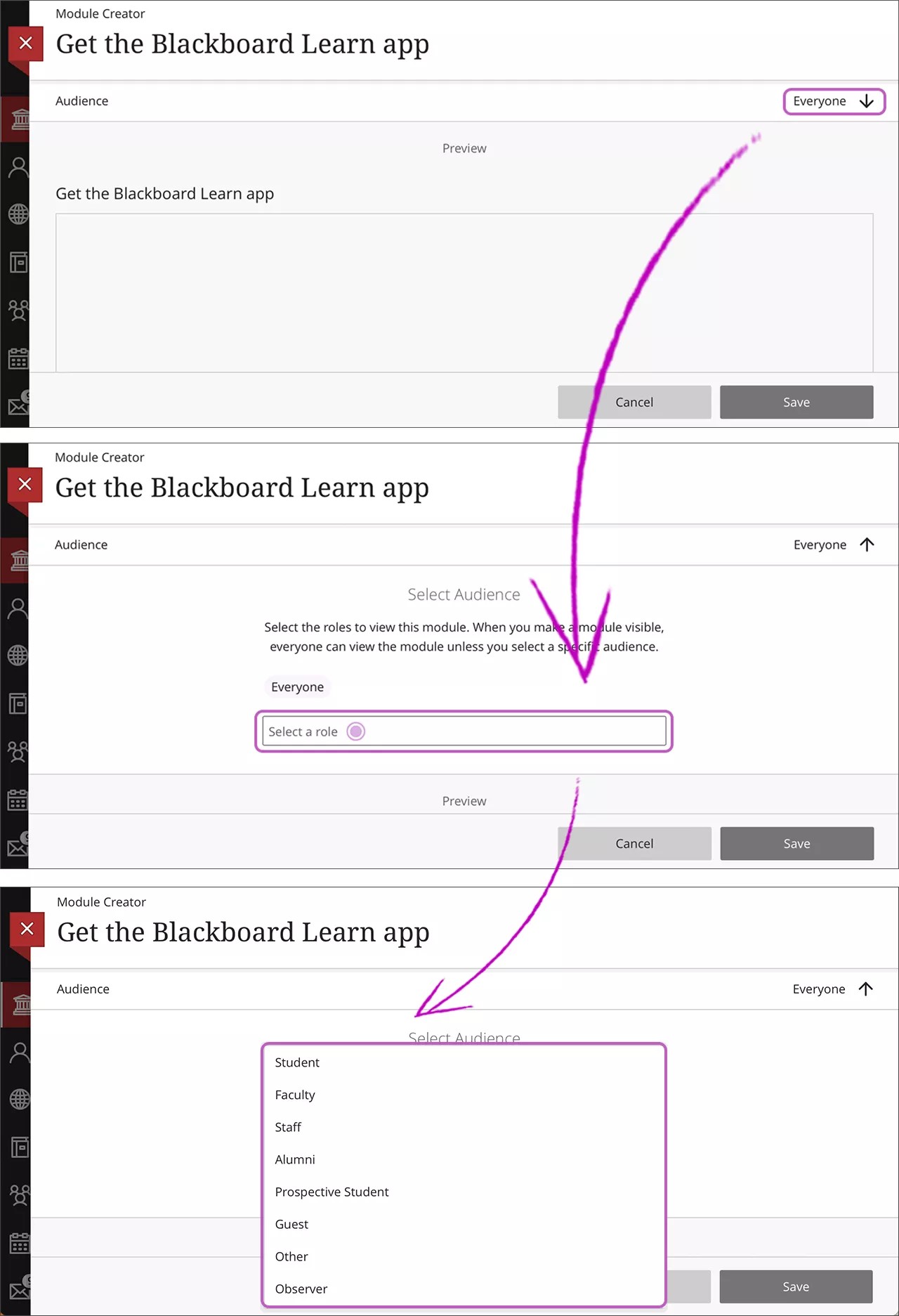 El panel "Creador de módulos" se abre con 1) el botón "Todos" está seleccionado y resaltado, 2) la opción "Seleccionar un rol" seleccionada y resaltada, y 3) una lista desplegable con todos los roles en pantalla.