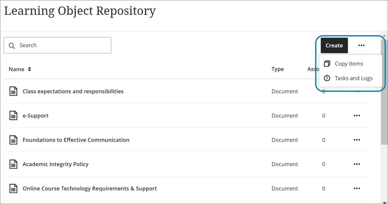 El menú Más opciones del repositorio de objetos de aprendizaje se expande, con las opciones de Copiar elementos y tareas y registros resaltadas