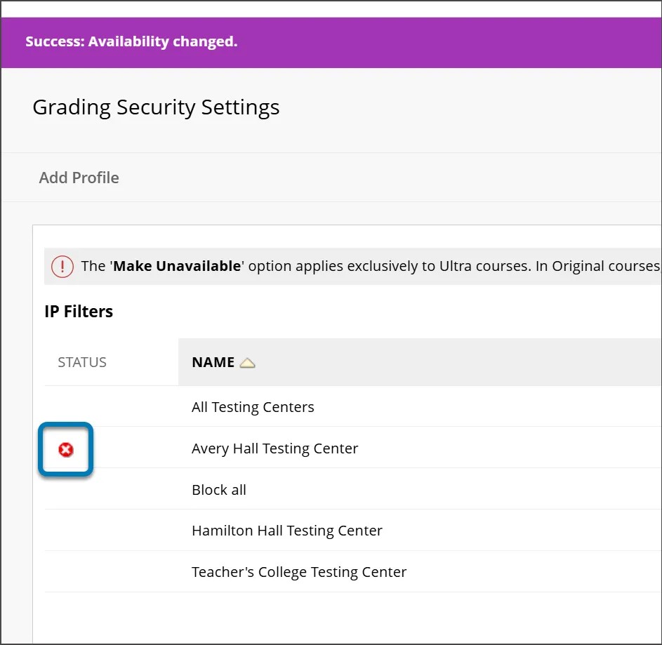 Configuración de seguridad de calificación en el Panel del administrador con un icono junto a un perfil que indica que este perfil se ha ocultado a los profesores. El icono es un pequeño círculo rojo con una X blanca en su interior.