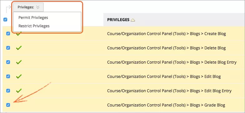 Una lista de privilegios con sus casillas de verificación seleccionadas. El menú Privilegios, resaltado en naranja, se ha ampliado para mostrar las opciones Permitir privilegios y Restringir privilegios.