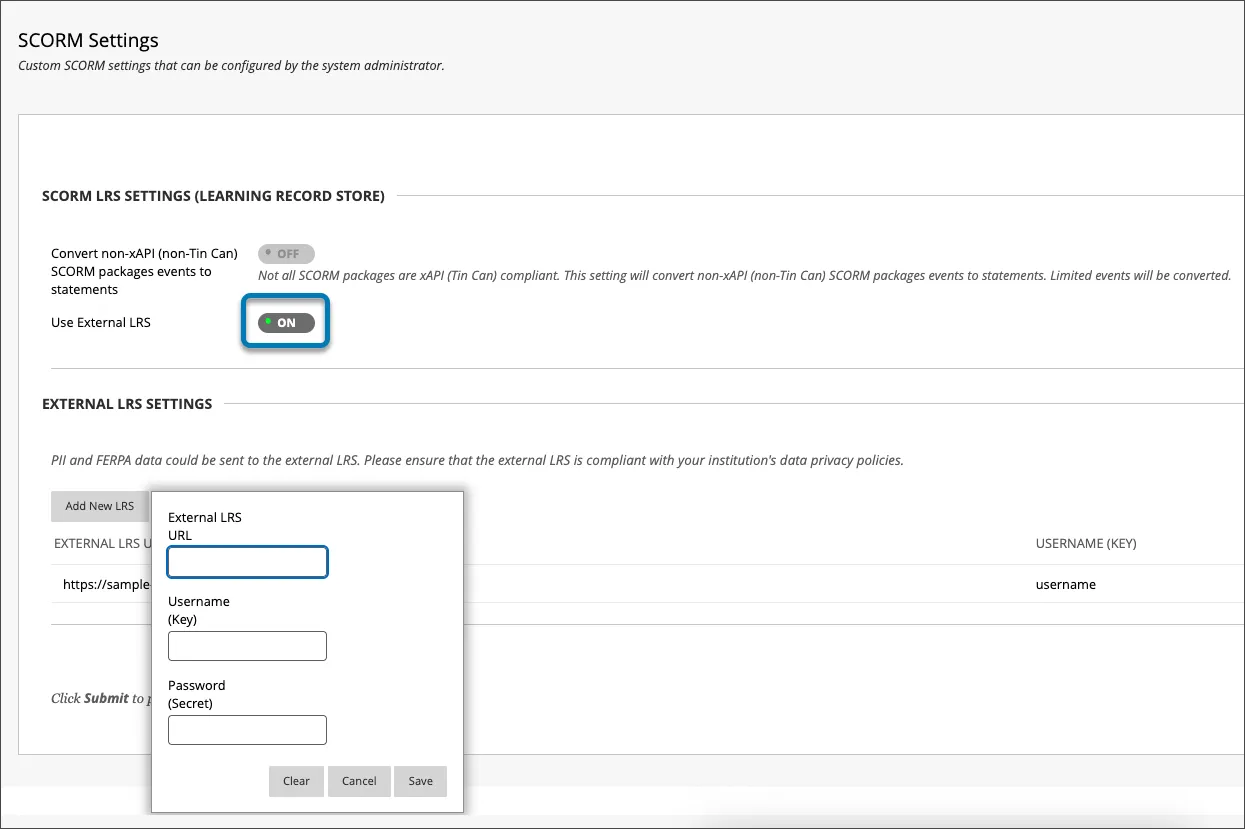 Configuración de SCORM en la página Administrador, donde se introducen los datos del almacén de registros de aprendizaje.