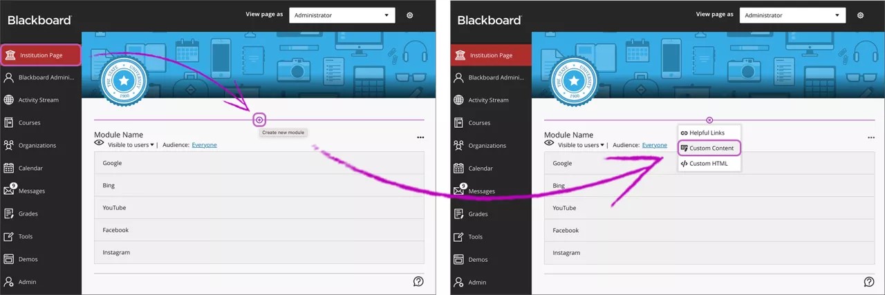 Blackboard Learn se abre con 1) el botón "Página de la institución" seleccionado y resaltado, 2) el signo más seleccionado y resaltado, y 3) la opción "Contenido personalizado" seleccionada y resaltada.
