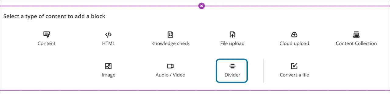 Las opciones para agregar bloques a Documentos, con Divisor resaltado