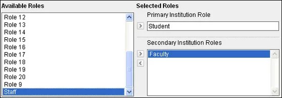 A la izquierda hay una columna Roles disponibles con una lista de roles disponibles. A la derecha, hay una columna Roles seleccionados con un campo para el primer rol en la institución y un campo para los roles de la institución secundaria. Hay flechas entre las dos columnas para mover roles entre ellas.