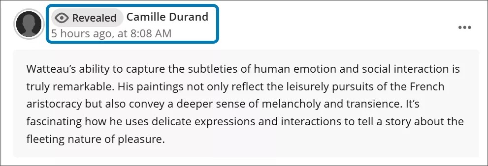 Un billet de discussion, avec « Révélé » à côté du nom d'utilisateur d'un étudiant