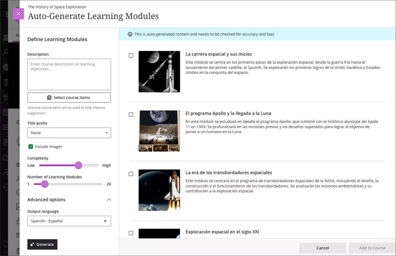 Modules d'apprentissage générés affichant du texte en espagnol