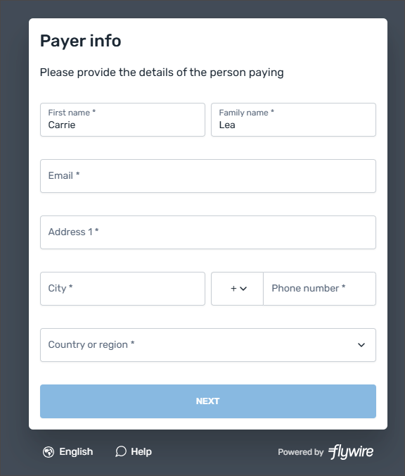L'écran Informations sur le payeur du processus d'achat Flywire.