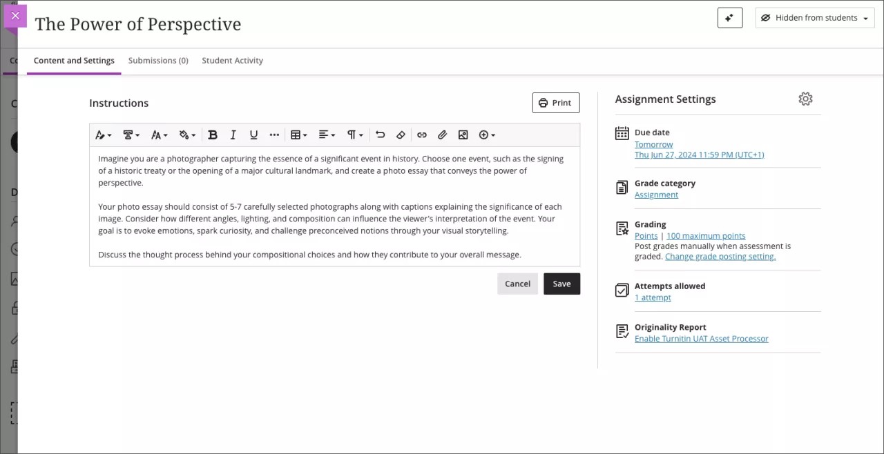 Zone de contenu Ajouter des instructions sur la page Nouveau travail