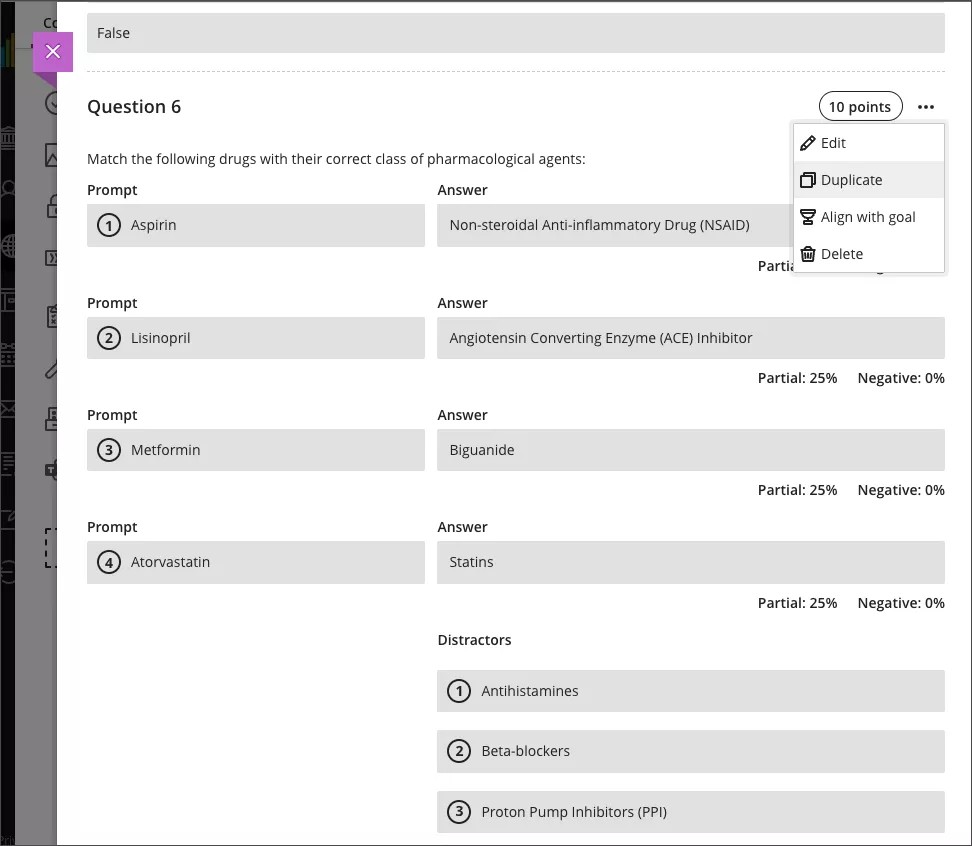 Option de menu dupliquée pour une question de test
