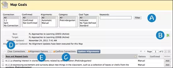La page des objectifs de la carte. La section Rechercher des objectifs est marquée d'un A. L'icône inversée est marquée d'un B. Le bouton Confirmer les connexions est marqué d'un C. Le bouton Effacer la connexion est marqué d'un D. Le menu des options d'alignement est marqué d'un E.
