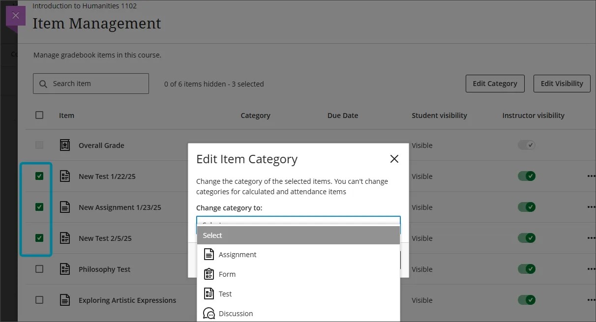 Sélection groupée de catégories pour les articles dans la gestion des articles