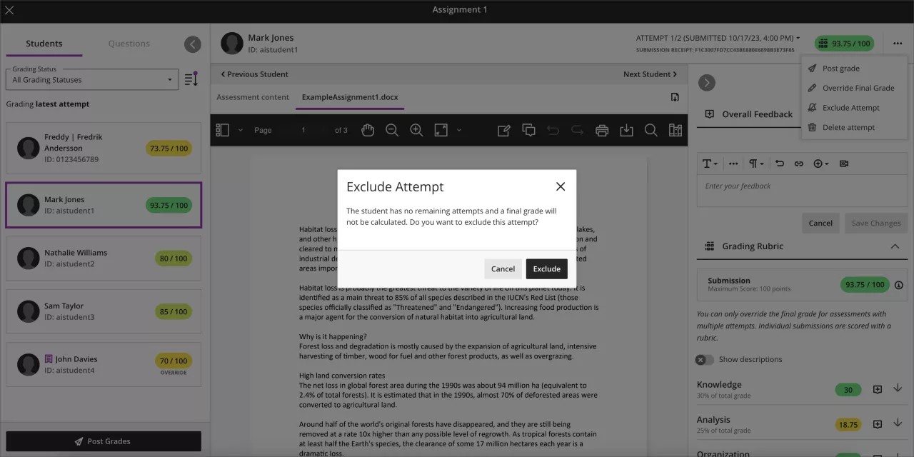 Avertissement qui s'affiche si un étudiant n'a plus de tentatives
