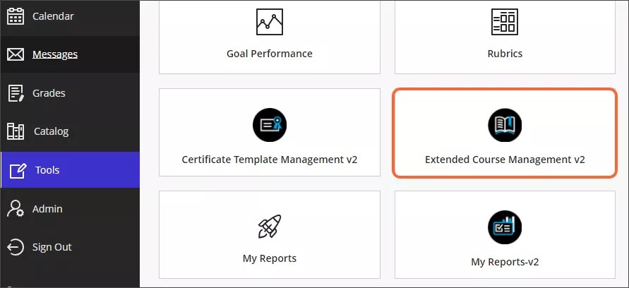L'option Outils est sélectionnée dans le menu de navigation et la vignette Extended Course Management v2 est surlignée en orange.
