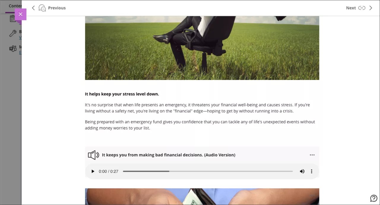 Document inclus dans un module d'apprentissage, avec des flèches allant vers la gauche et vers la droite en haut