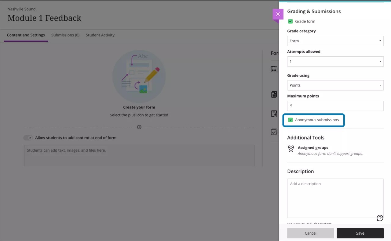 Panneau Formulaires, avec l'option Soumissions anonymes sélectionnée